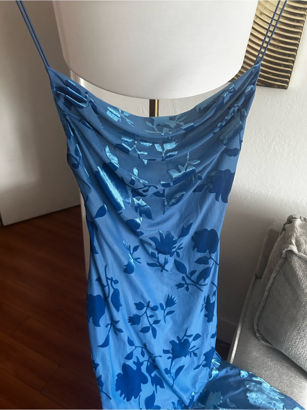Y2K Velvet Burnout Blue Floral Whimsigoth Maxi Dress Gown Size S Fairy Draped - Picture 5 of 13